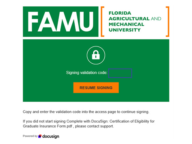 Signing Validation Code screen